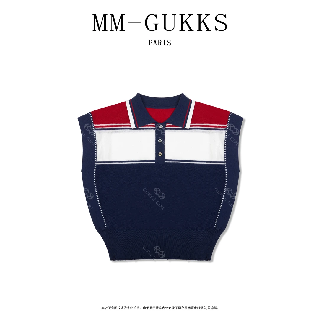 明明GUKKS『清凉彩虹』夏季正肩经典撞色翻领无袖针织衫t恤上衣女