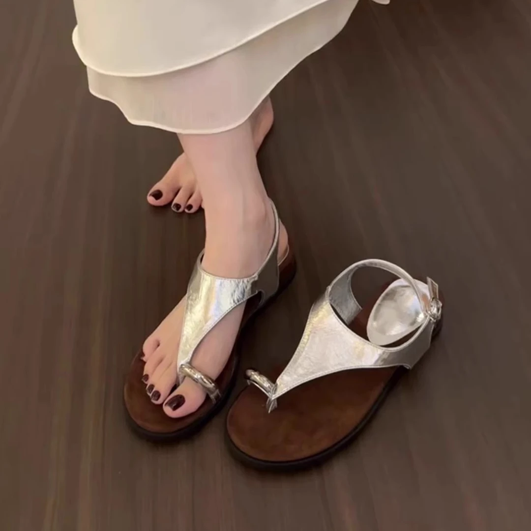 羊皮版~夏季新款法式复古风厚底夹趾圆头凉鞋外穿百搭休闲沙滩鞋