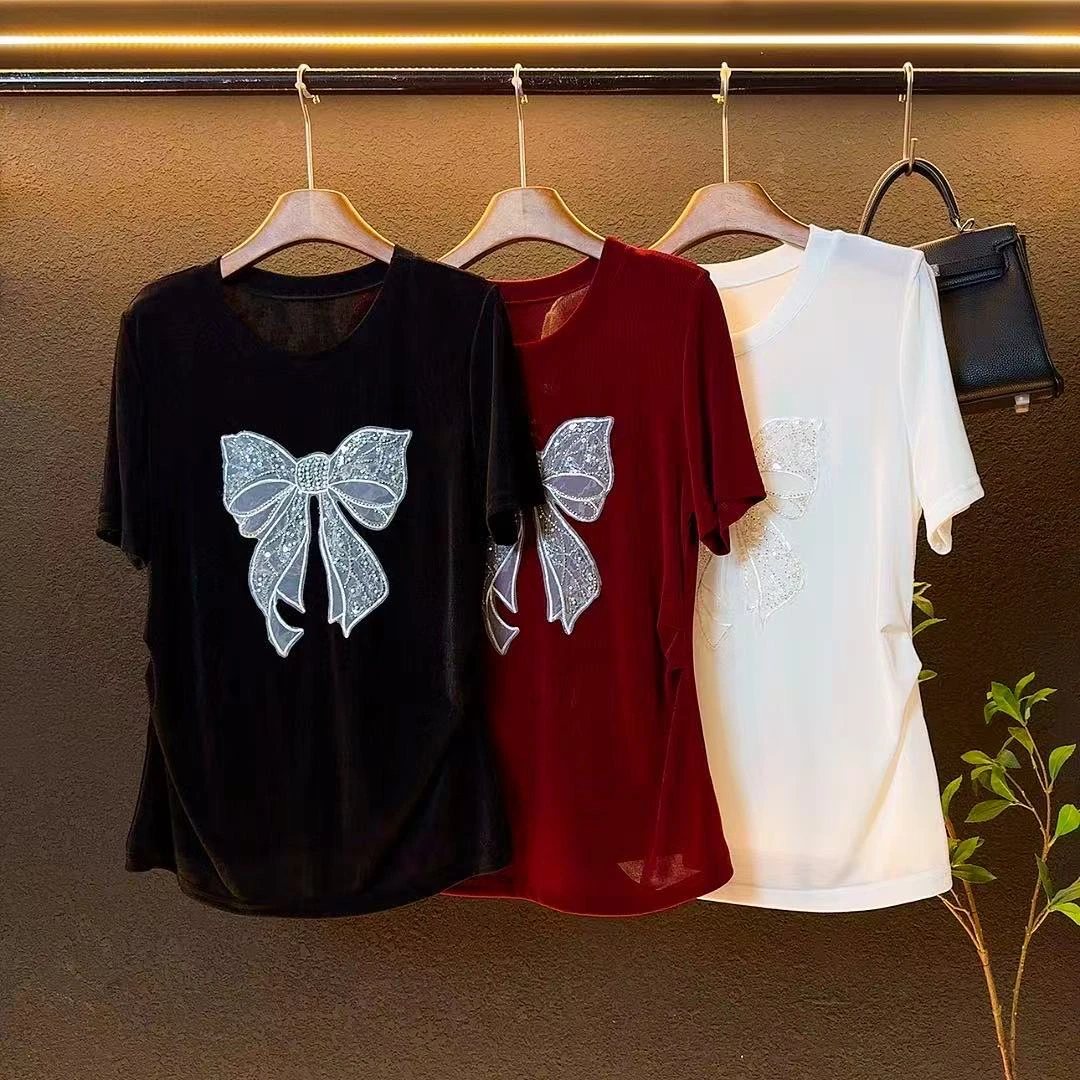 新款大码显瘦2025夏季凉快圆领重工蝴蝶结半袖/3391