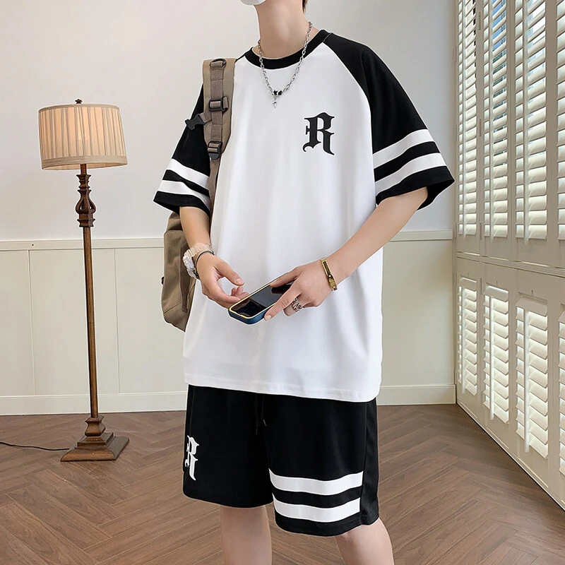 潮流短袖t恤男孩青少年学生帅气2025新款夏季薄男装大童运动套装