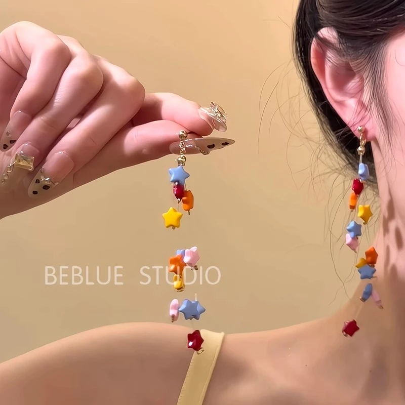 铜合金耳饰  夏天彩色多巴胺星星流苏耳环女小众设计感甜美耳饰品