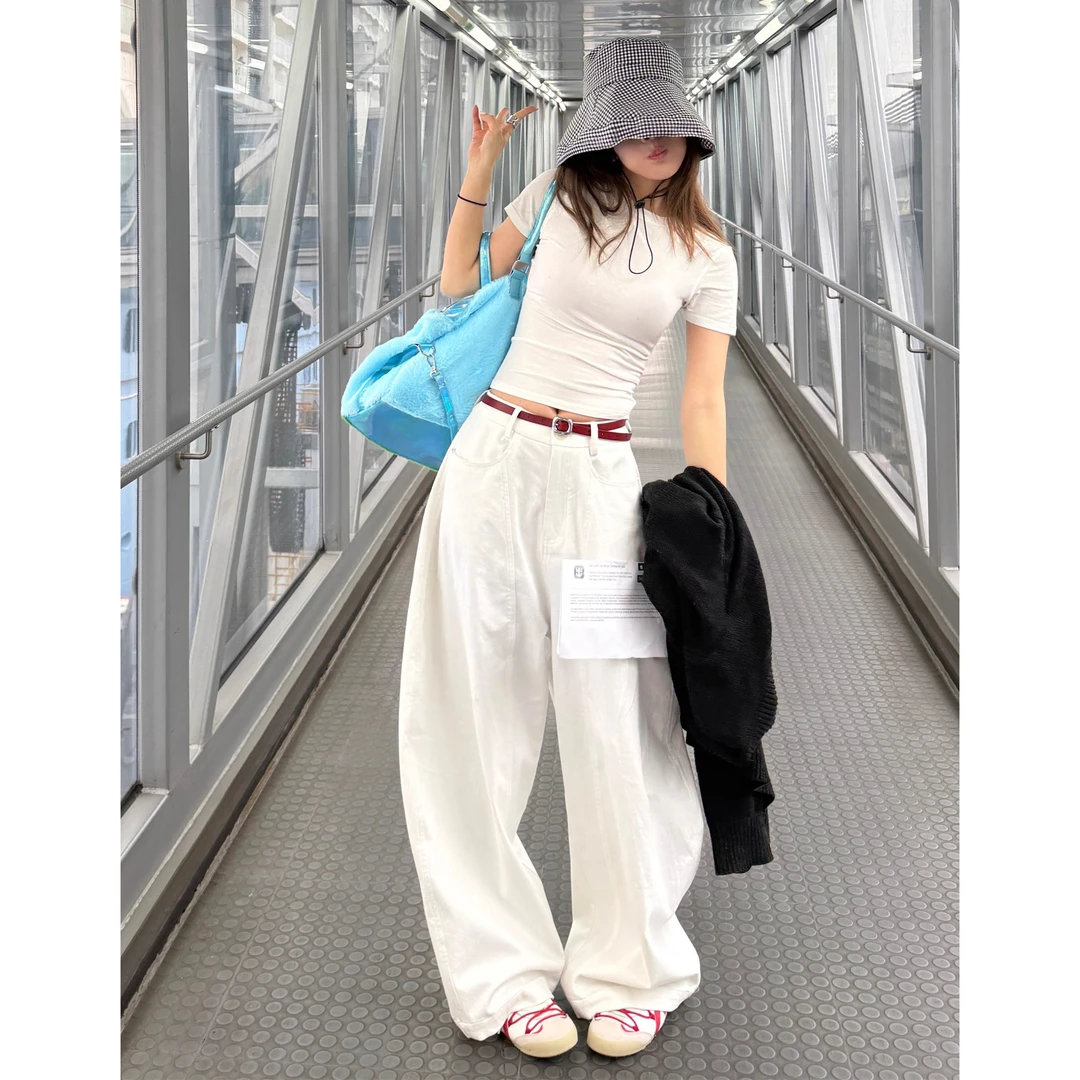 高腰白色弯刀裤女夏季新款美式复古水洗宽松直筒休闲阔腿拖地裤子