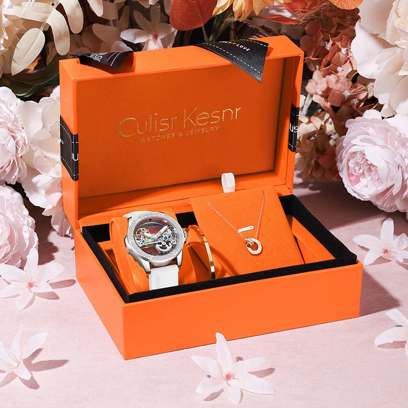 新款女高档全自动镂空机械表女士情人节礼物礼盒套装国产男士