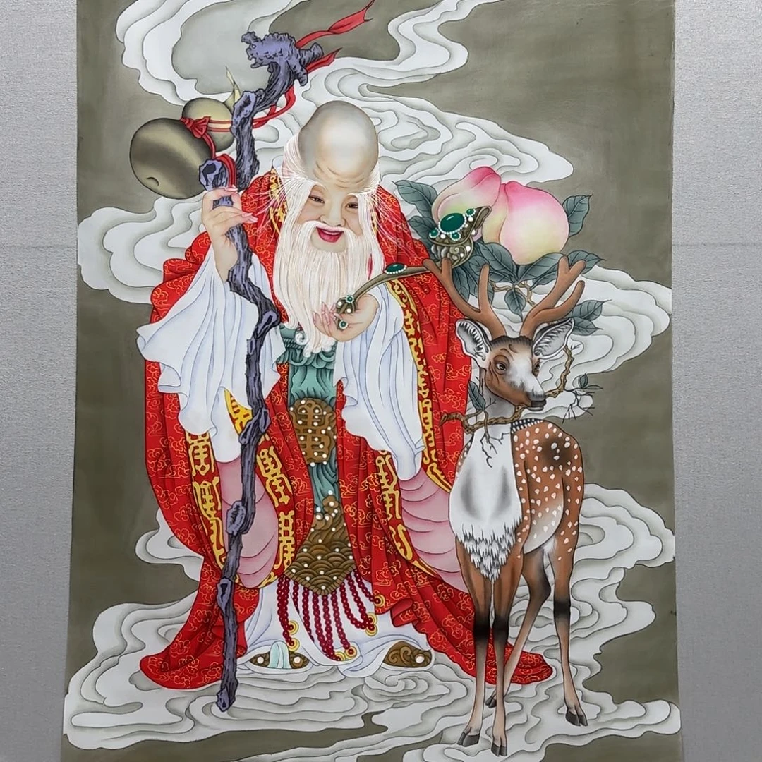 国画绢本工笔福禄寿贾敏