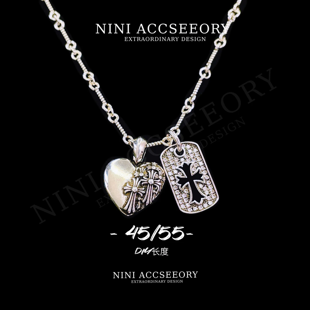 『爱心十字城堡』早春新款美式复古银色十字架潮奢竹节项链