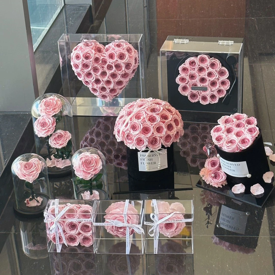 粉梅子永生花留声机小王子抱抱桶成品情人节圣诞礼物亚克力生日礼