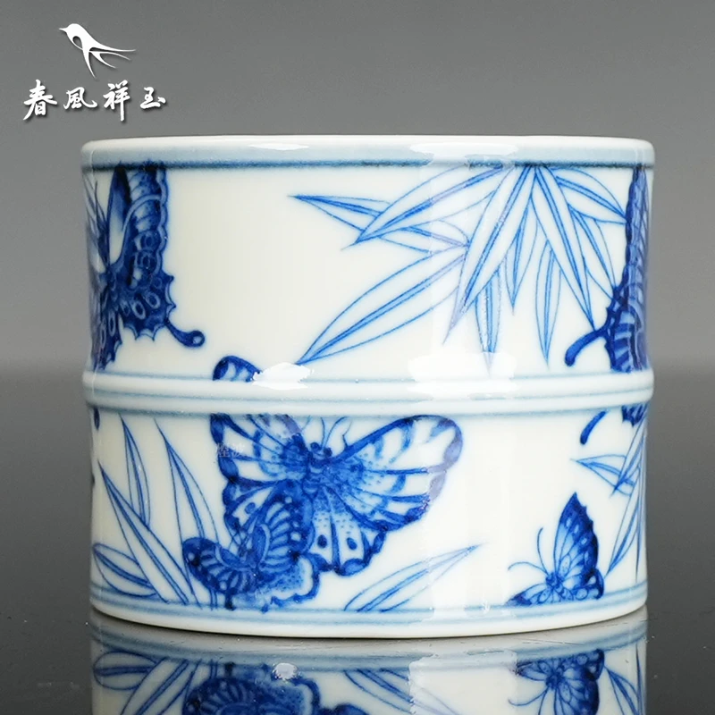 景德镇 春风祥玉 邹俊窑制八字款  青花 竹子 蝴蝶 内画 竹节杯