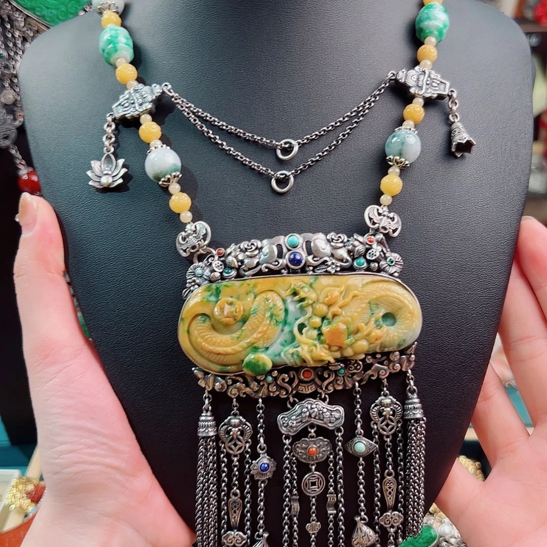 翡翠银S925镶嵌套链项链