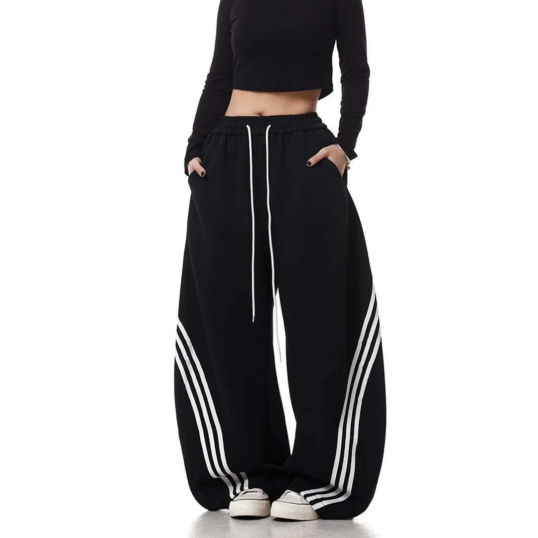 大码秋季美式复古街头三条杠阔腿弯刀卫裤男女宽松直筒条纹运动裤