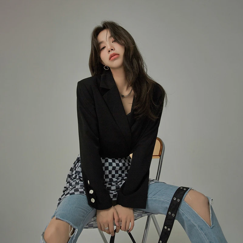 3200【金拐子专属】CHUU纯色短款小个子系带长袖西装-F