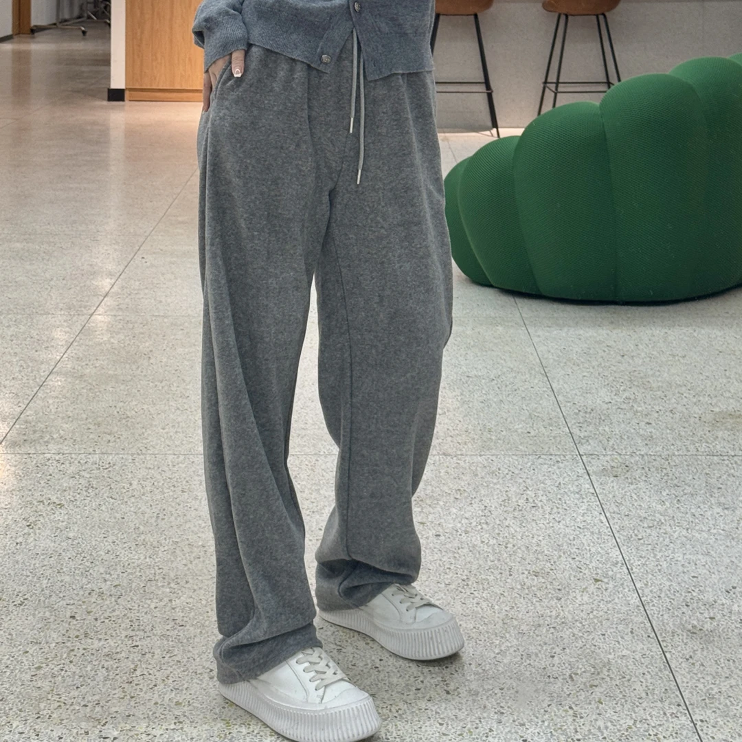 [吉卡思]休闲裤灰色阔腿裤宽松百搭显瘦时尚高腰直筒弯刀裤毛巾裤