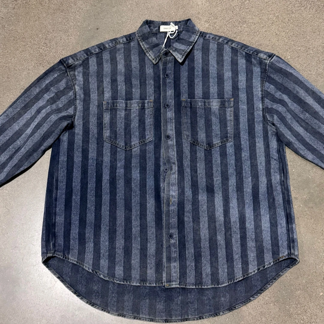 Lookun竖条纹衬衫牛仔衬衫长袖百搭外套复古情侣宽松舒适男士蓝色