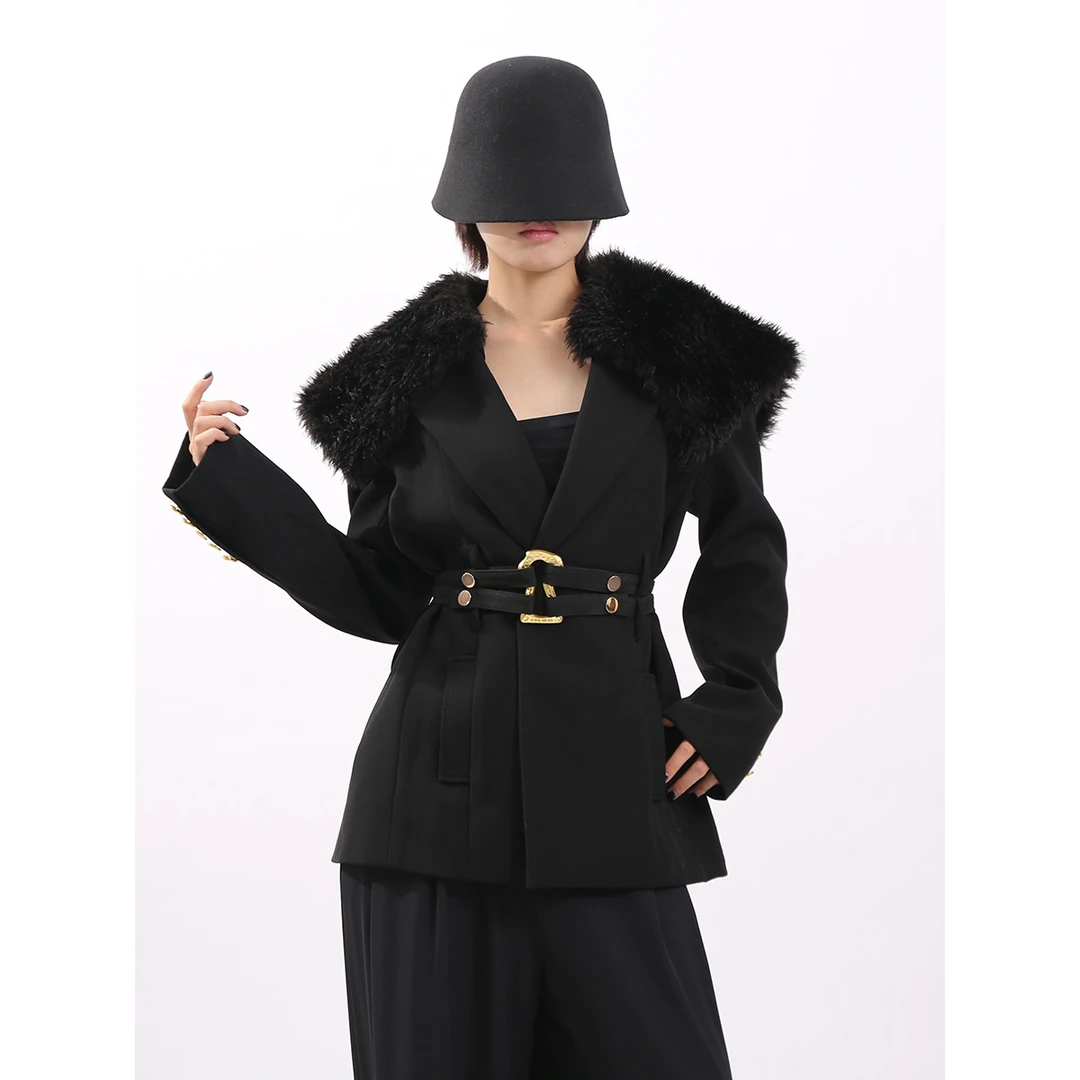 法式气质毛领纯色大衣秋季新款高级感腰带收腰长袖百搭外套女2025