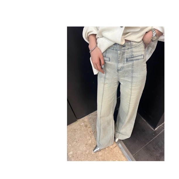 【时髦Girl】复古浅色显瘦压线设计直筒牛仔裤