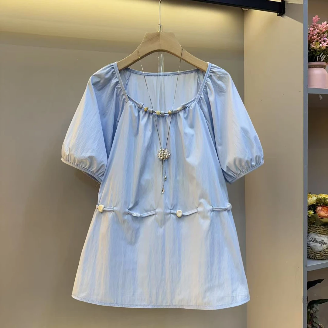欧货时尚夏新款设计感穿珠收腰洋气简约大码女装衬衫上衣短袖