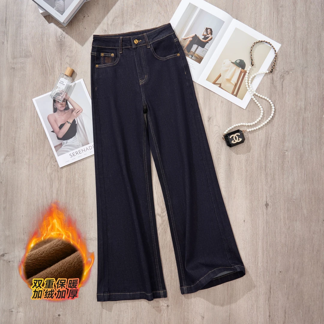 M秋冬加绒加厚弹力高腰显瘦不掉色牛仔裤直筒裤微喇刺绣中高腰