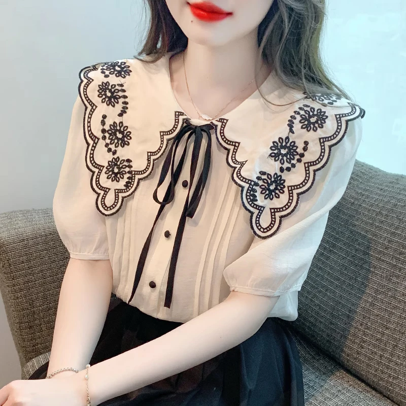 法式刺绣短袖雪纺衬衫女2025夏季新款小个子洋气减龄娃娃领上衣潮