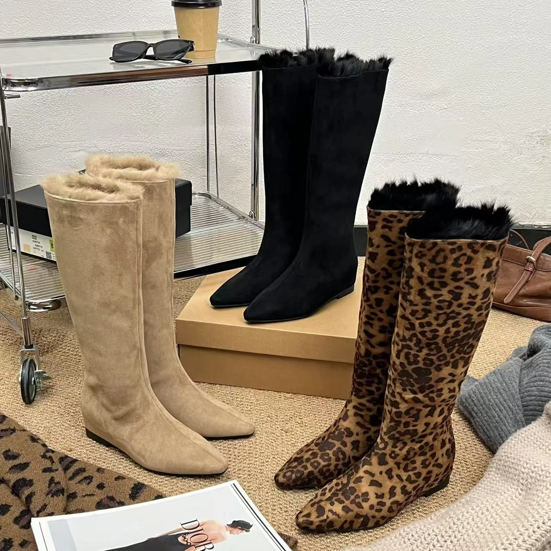 小小苏-静静-4CM-尖头豹纹秋冬女靴高筒时尚气质毛毛靴;EDX55956