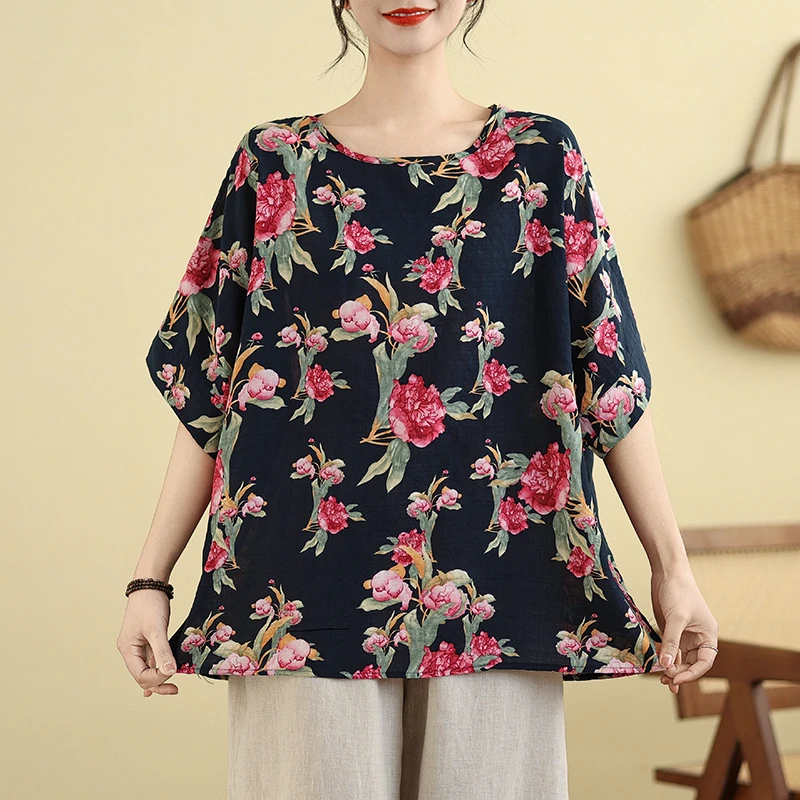 棉麻大码女装夏季中袖碎花民族新款妈妈复古宽松印花大码T恤上衣