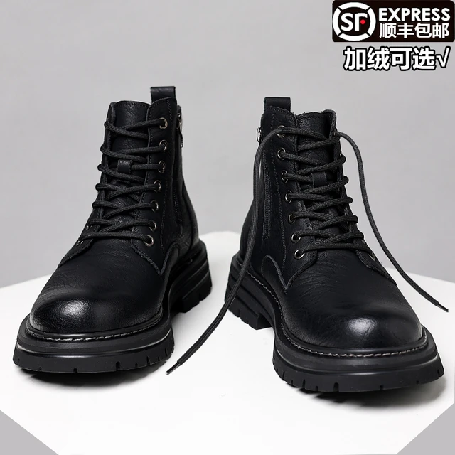 蜘蛛王马丁靴男冬季中高帮棉皮鞋男真皮羊毛加绒保暖棉鞋加厚工装