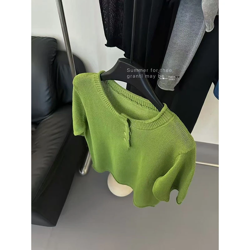 【卷边3粒扣】牛油果绿洋气百搭夏季针织短袖T恤女夏新款