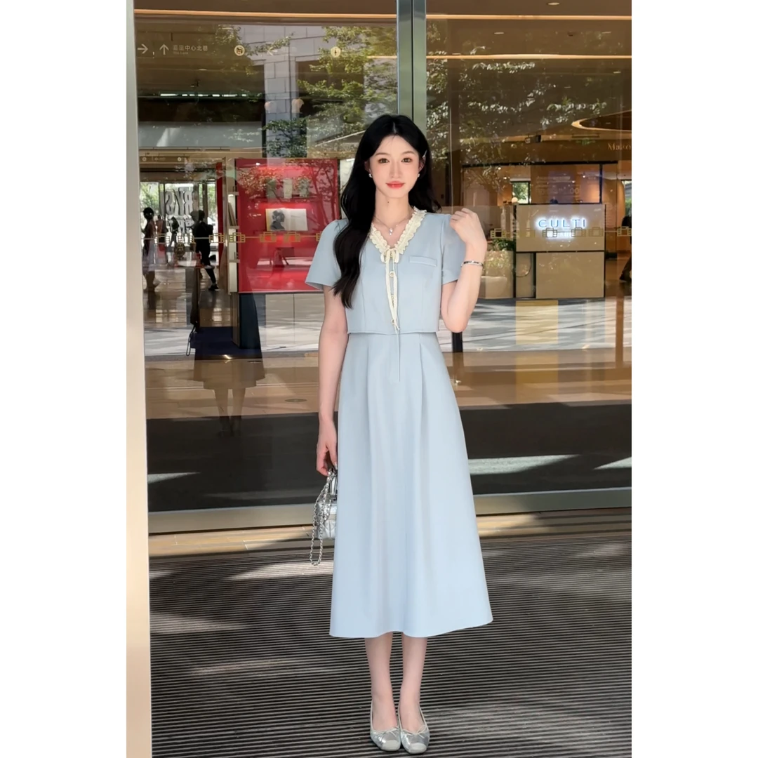 鹿向南【海盐琉璃】气质优雅连衣裙女夏季新款假两件显瘦裙QJD00473