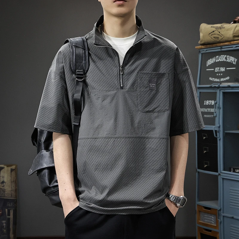 aoyu/遨宇夏季薄款透气短袖POLO衫男休闲口袋美式速干半拉链体恤