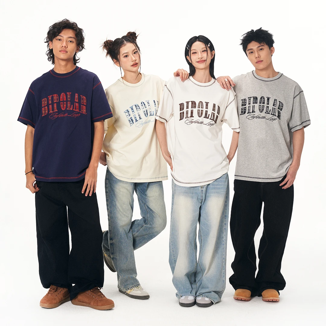 BIPOLAR格纹贴布男女同款短袖T恤  11B338