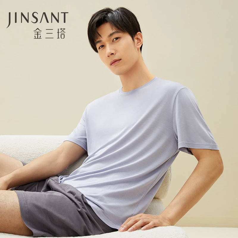 男100%桑蚕丝圆领基础休闲纯色打底保暖上衣薄款半袖夏季睡衣