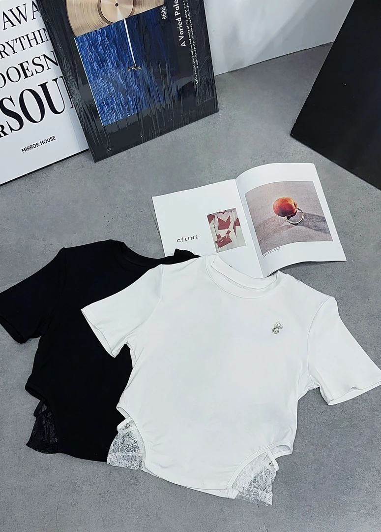 50031#欧洲站2025春季新款设计师款镂空网纱拼接垫肩修身短袖T恤