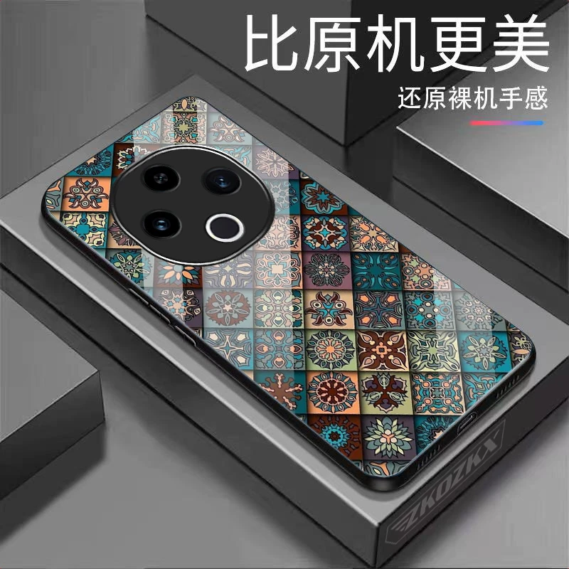 适用【vivoY300】手机壳复古图腾高清玻璃创意防摔高颜值新款男女