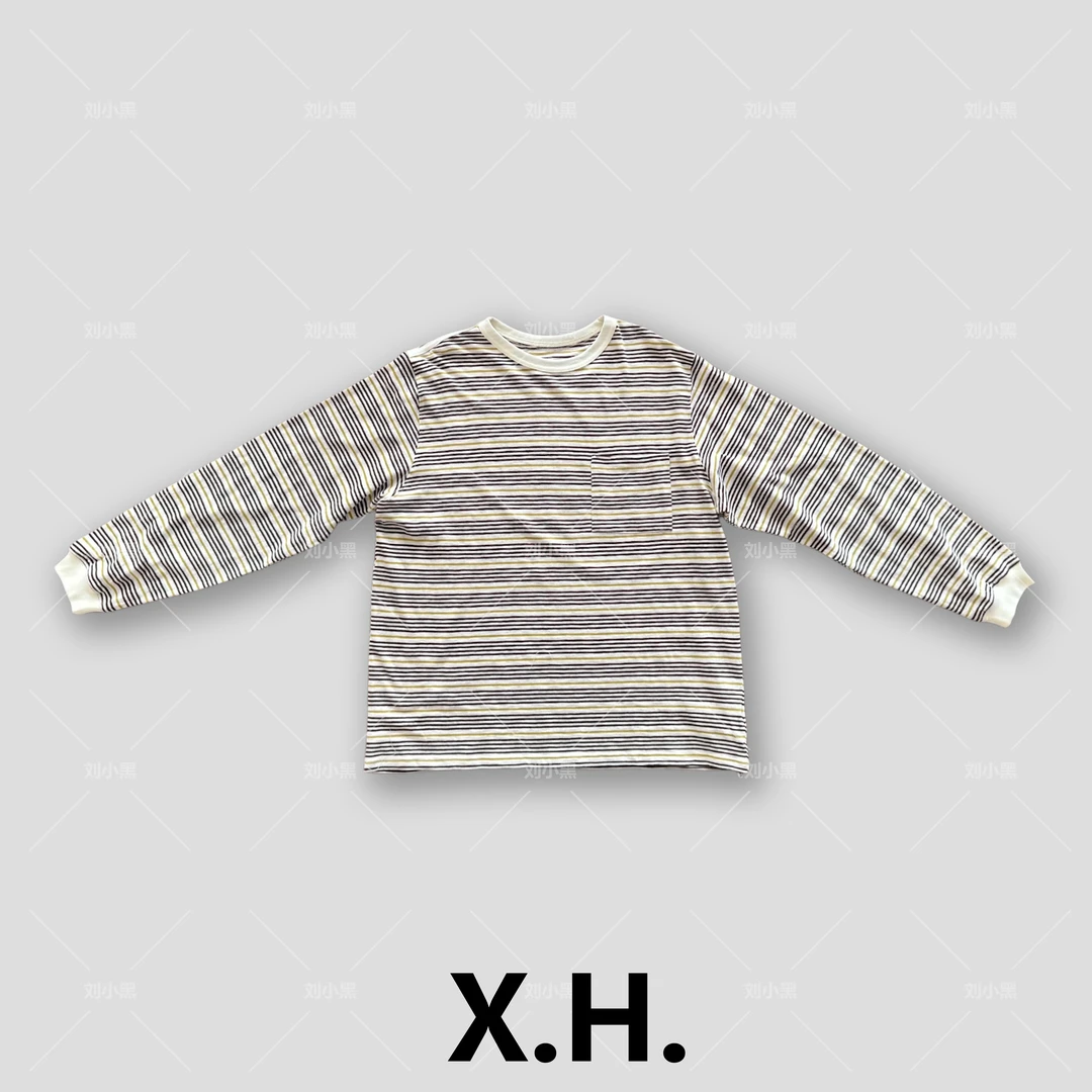 咖黄条春季基础条纹简约百搭休闲宽松长袖大版T恤
