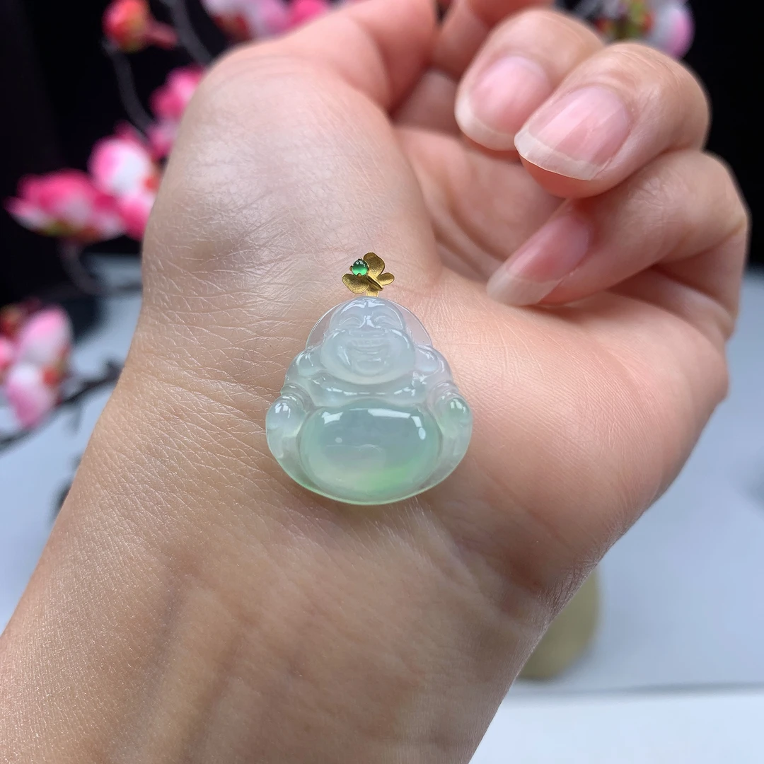 18K金扣头镶嵌缅甸天然翡翠A货精美冰飘绿迷你小佛公吊坠女款