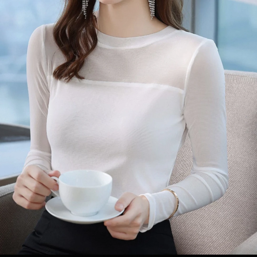 8515圆领高领黑色网纱罩衫透视纱衣蕾丝薄款修身时尚