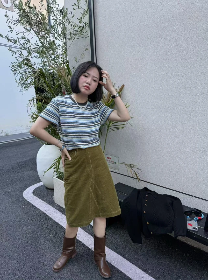TOTHEND“杂志画报”小众复古日系条纹毛巾T绿咖色灯芯绒半裙套装