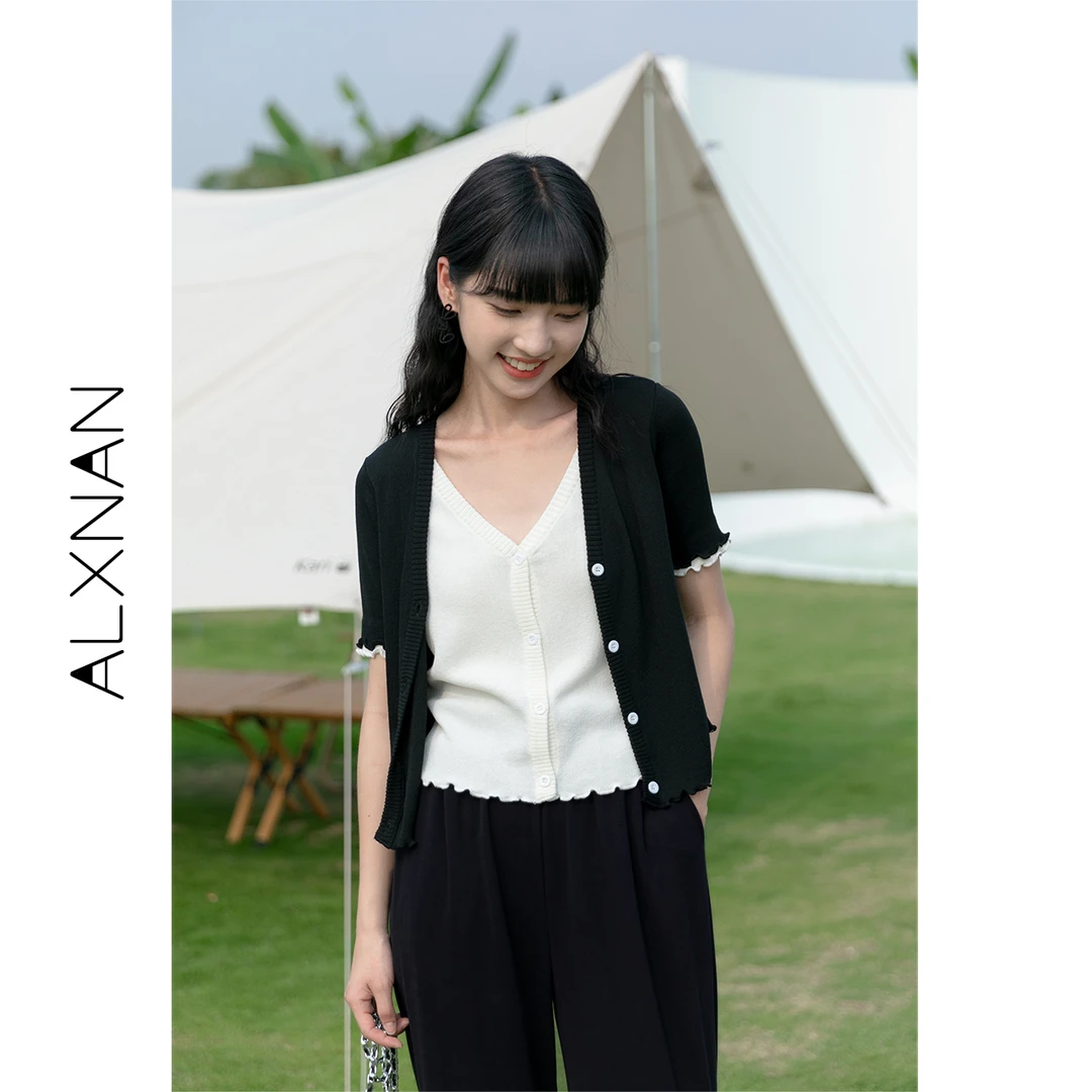 【清清】 假两件针织衫女夏设计感小众V领撞色短袖开衫上衣