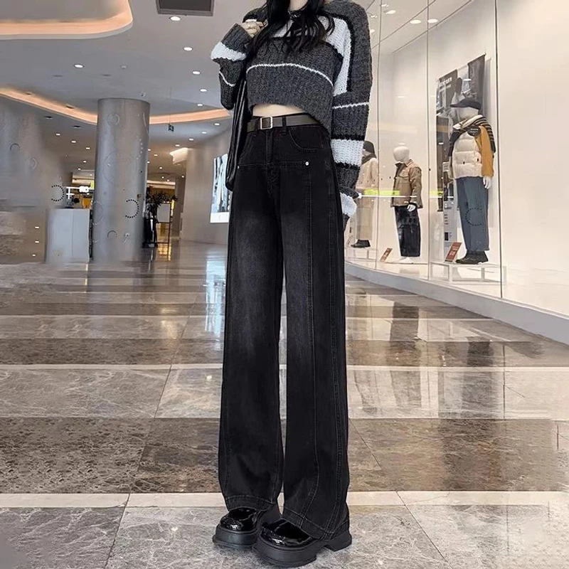 【加绒】NN黑灰阔腿牛仔裤女2024冬新款拼接百搭宽松高腰显瘦