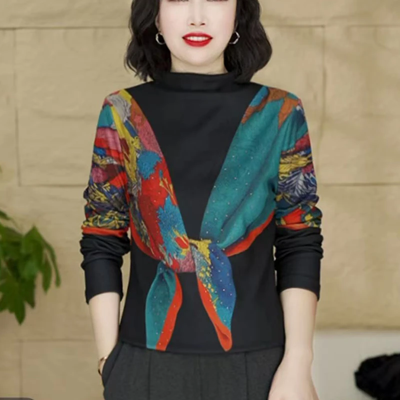 秋冬新款女长袖印花半高领拼色法式休闲风双面绒设计感打底衫百搭