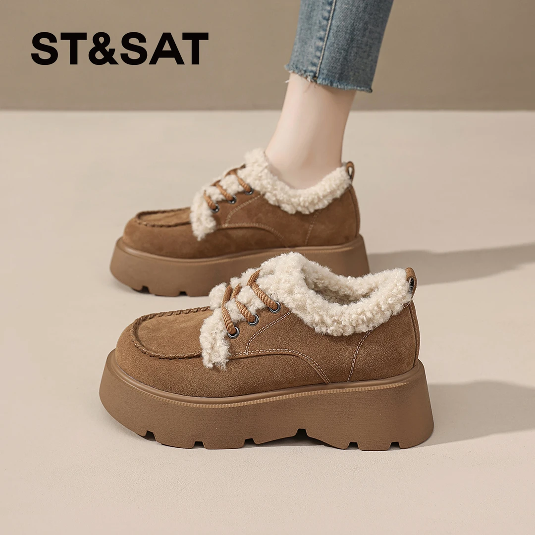 星期六加绒雪地靴女款2025新款冬季勃肯毛毛鞋保暖棉鞋厚底乐福鞋