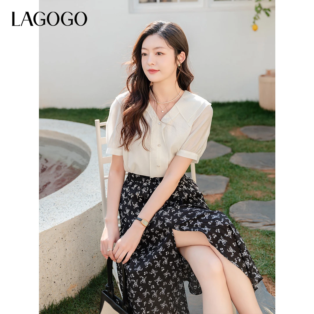 lagogo拉谷谷2025年新款双层娃娃领甜美百搭气质上衣女OASS334G29