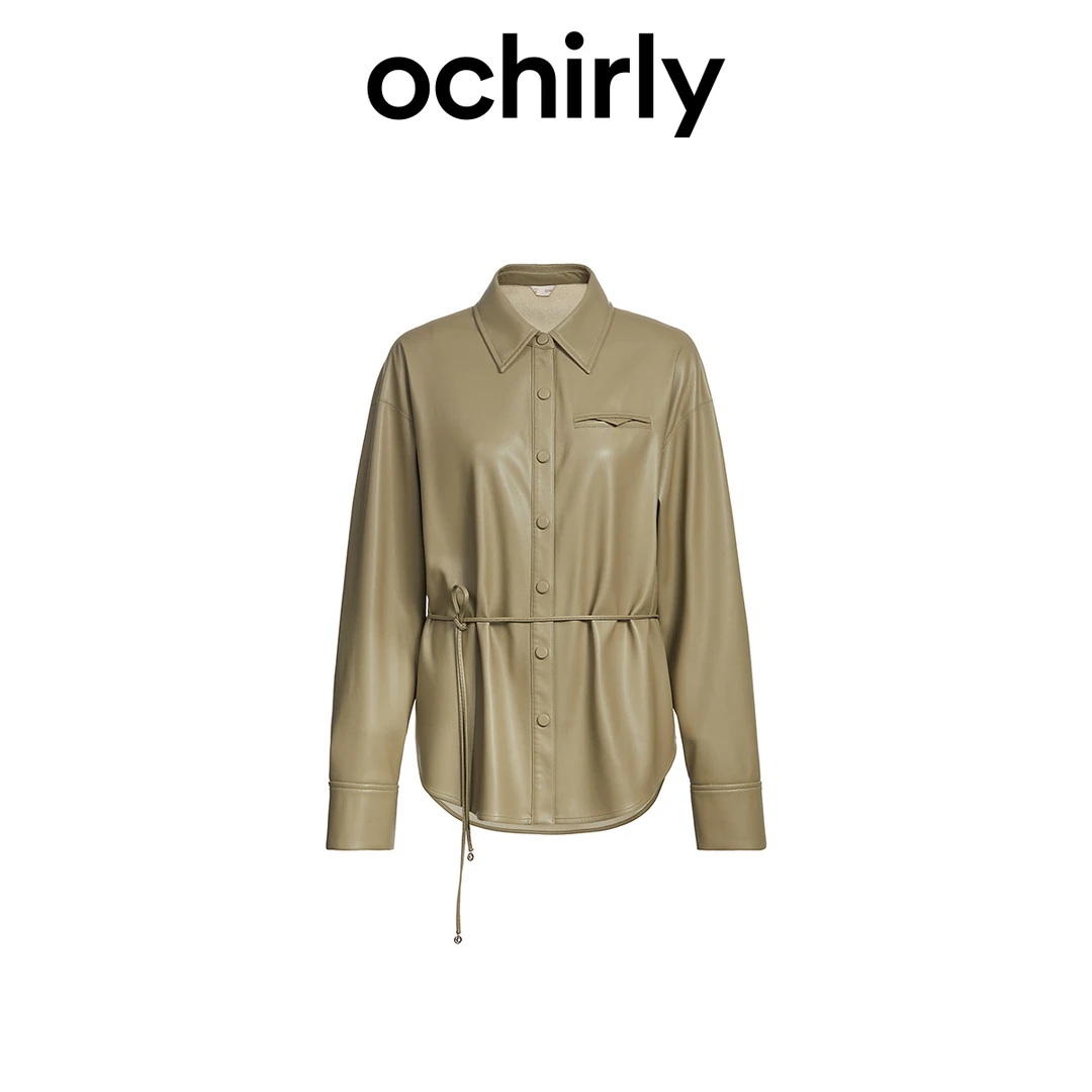 01057F【丽公主】欧时力系带PU皮衬衫外套女早春宽松休闲中长款