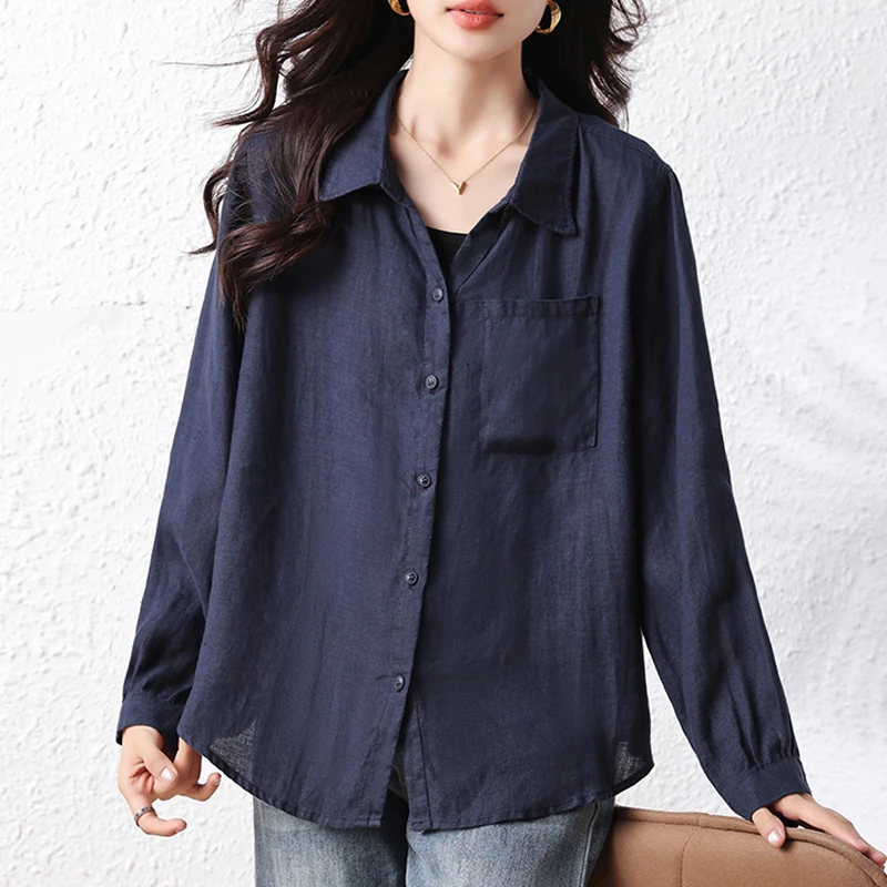 百搭简约翻领长袖纯色衬衣2025秋装宽松文艺减龄显瘦时尚上衣女