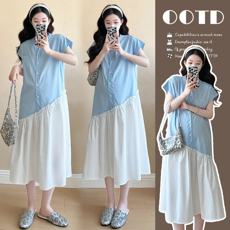 2025夏季设计感拼接撞色时尚短袖连衣裙大码显瘦气质洋气宽松韩版