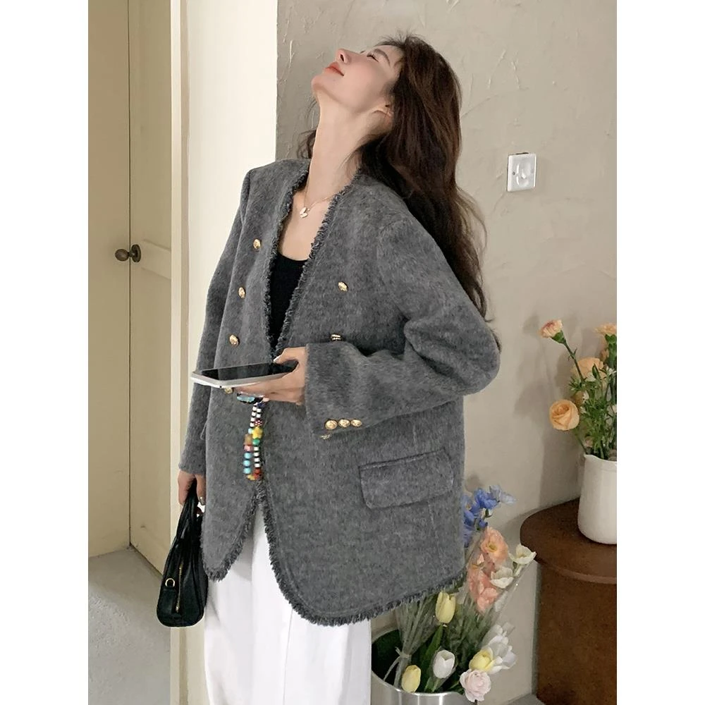 高级感灰色西装时尚短外套女2025早春新款韩系无领流苏毛边西装