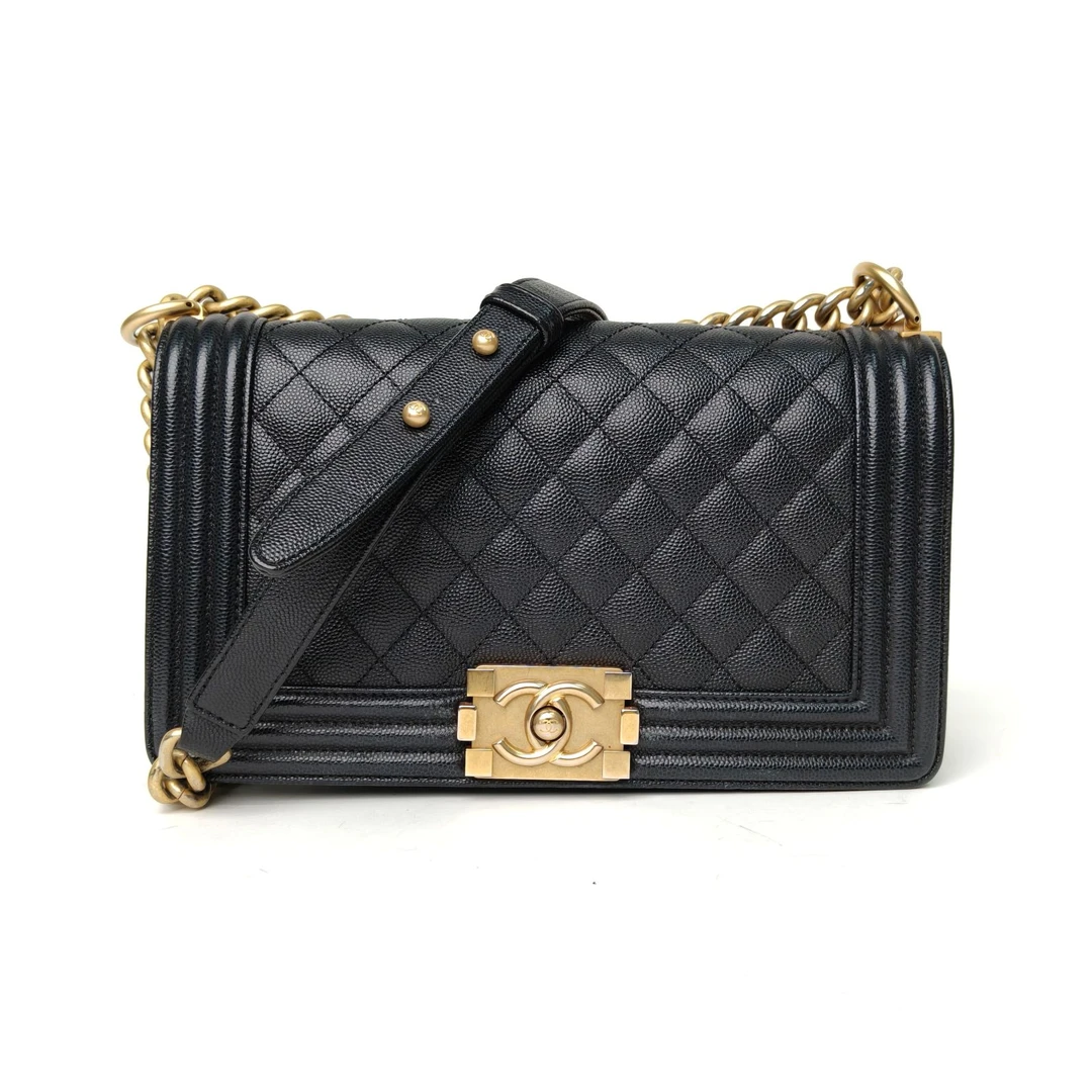 95新 Chanel/香奈儿 【小花黑黑】Leboy 中号 黑色 25开 金扣