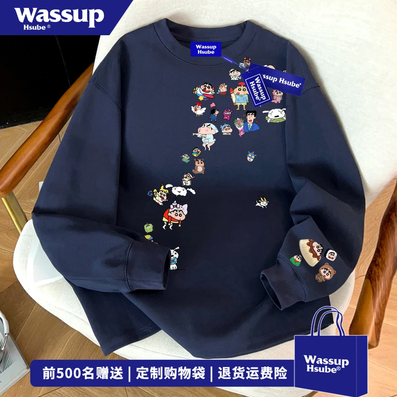 WASSUP HSUBE涂鸦创意小新图案印花长袖T恤男女秋季百搭打底上衣