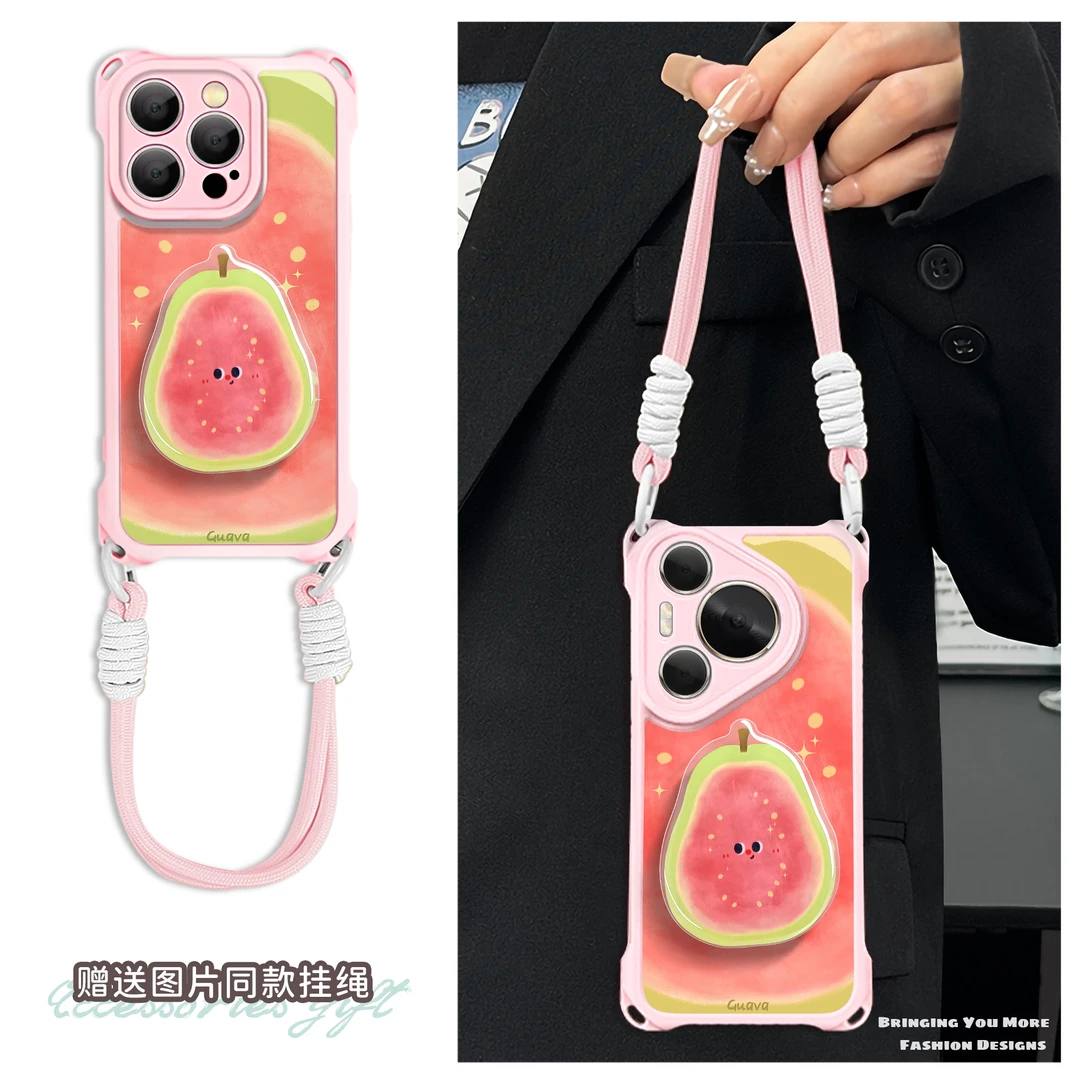 适用于苹果16华为OPPO小米VIVO高级感时尚四角挂绳手机壳YA0141