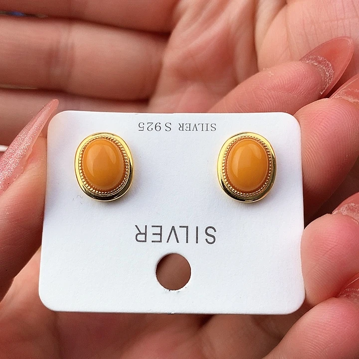 蜜蜡耳饰银S925镶嵌耳饰