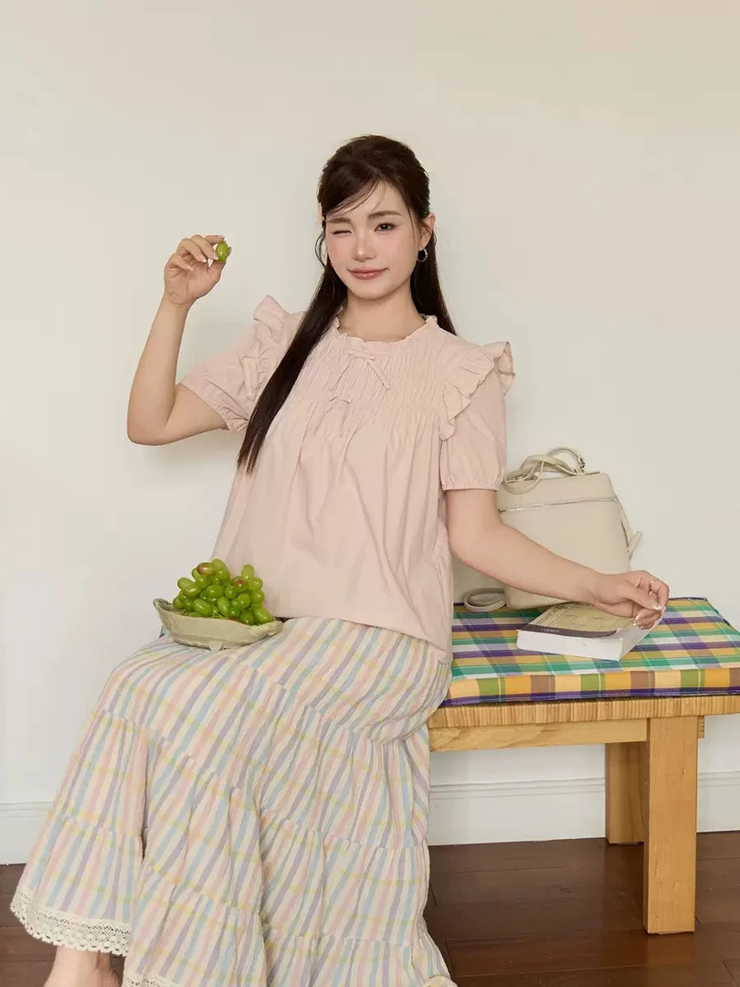 大圆自制 夏季韩系重工小飞袖花边衬衣