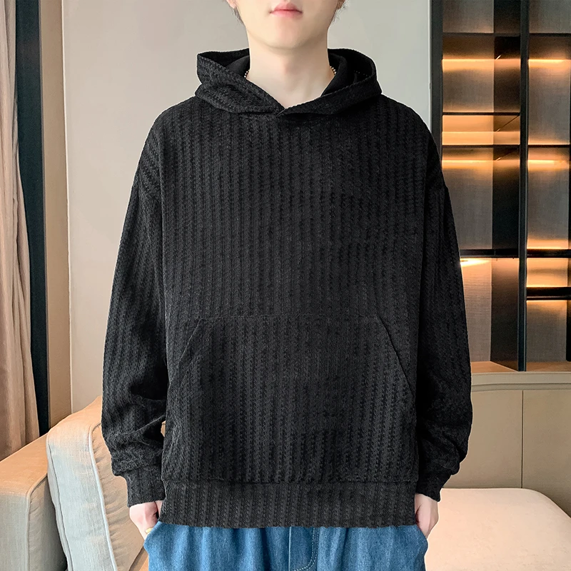 稻草人秋冬季新款男士卫衣休闲百搭青年帅气套头连帽提花长袖T恤